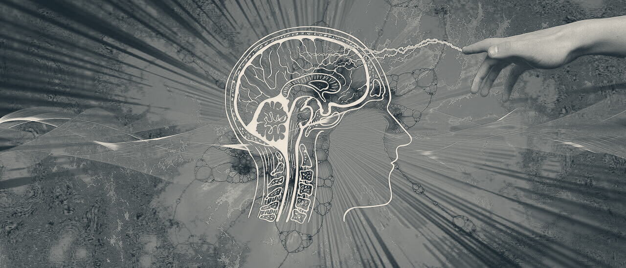 Représentation lumineuse d’un cerveau et d’une main tendue, évoquant la vie psychique
